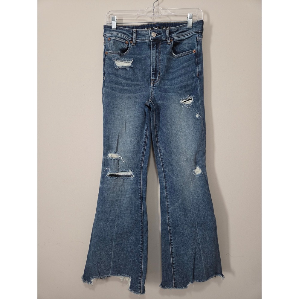 American Eagle Super Hi-Rise Crop Flare Jeans Distressed Raw Hem Blue Size 6